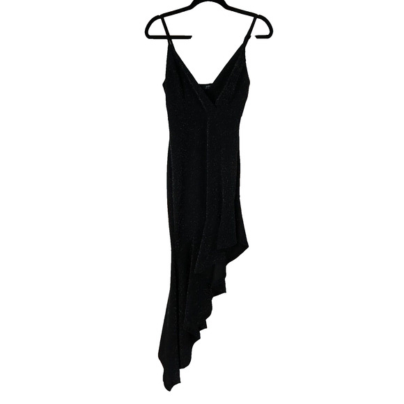 Privy Dress Womens Small Black Asymmetrical Sleeveless V Neck Glittery Ruffled - Picture 2 of 13